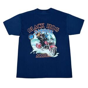 Vintage Black Hog Saloon Aruba Shirt Navy Motorcycle Graphic Biker Bar Tee Large